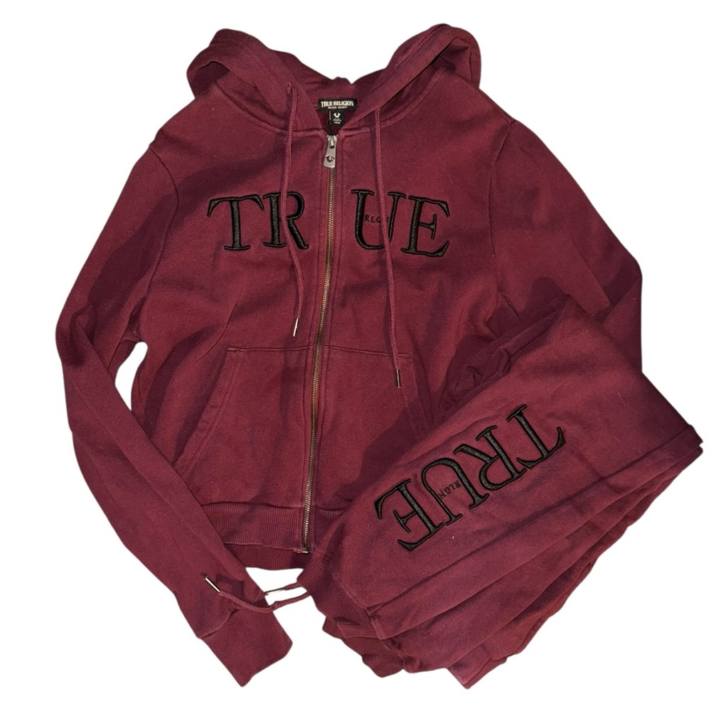 True Religion Burgundy Zip-Up Hoodie and Pants Set